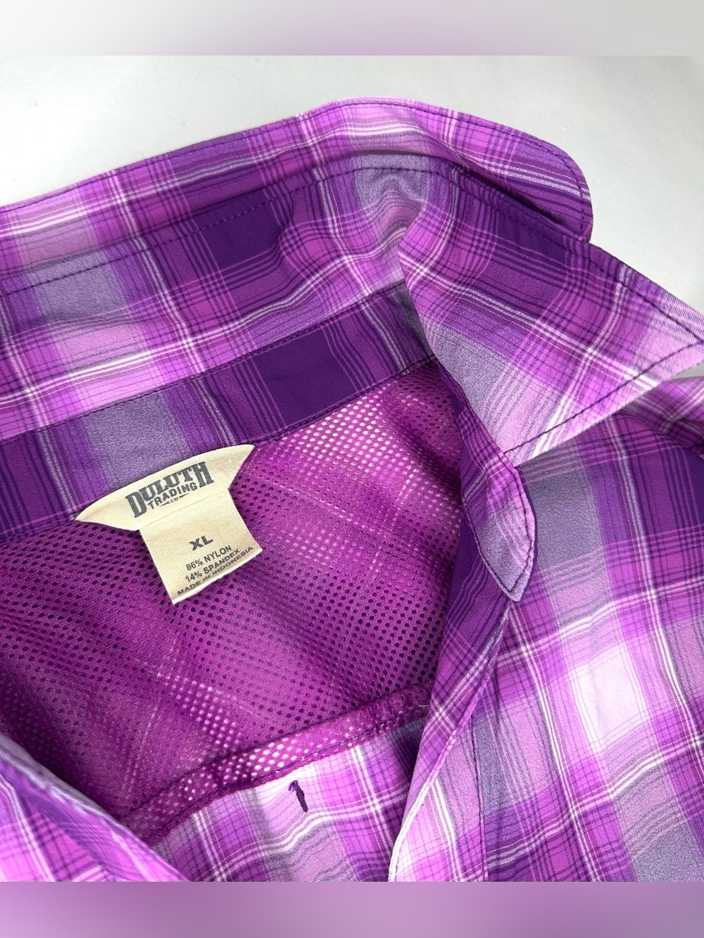 Duluth Trading Co Sidewinder Purple Plaid Roll Tab Sleeve Vented Hiking Shirt XL - Picture 6 of 8